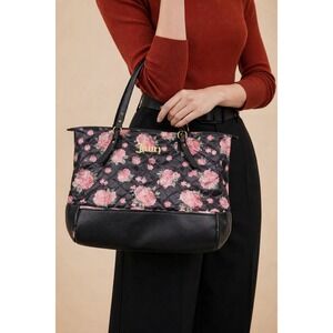 Juicy Couture Black Floral Print Tote Bag Gold Logo Quilted Faux Leather Trim